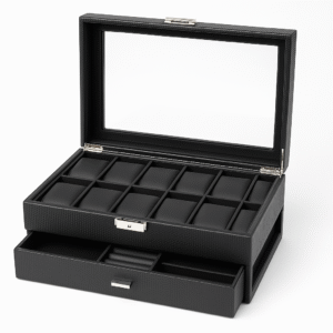 2-Tier Carbon Fiber Watch Box – 12 Slot Organizer with Glass Lid & Accessory Drawer