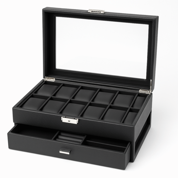 2-Tier Carbon Fiber Watch Box – 12 Slot Organizer with Glass Lid & Accessory Drawer