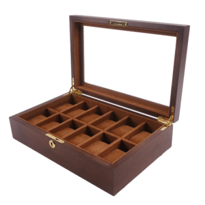 Classic Wooden Watch Box – 12 Slot Organizer with Glass Lid & Key Lock