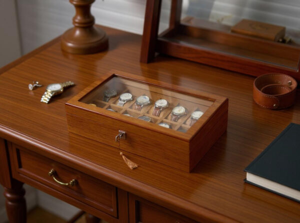 Classic Wooden Watch Box – 12 Slot Organizer with Glass Lid & Key Lock - Image 4